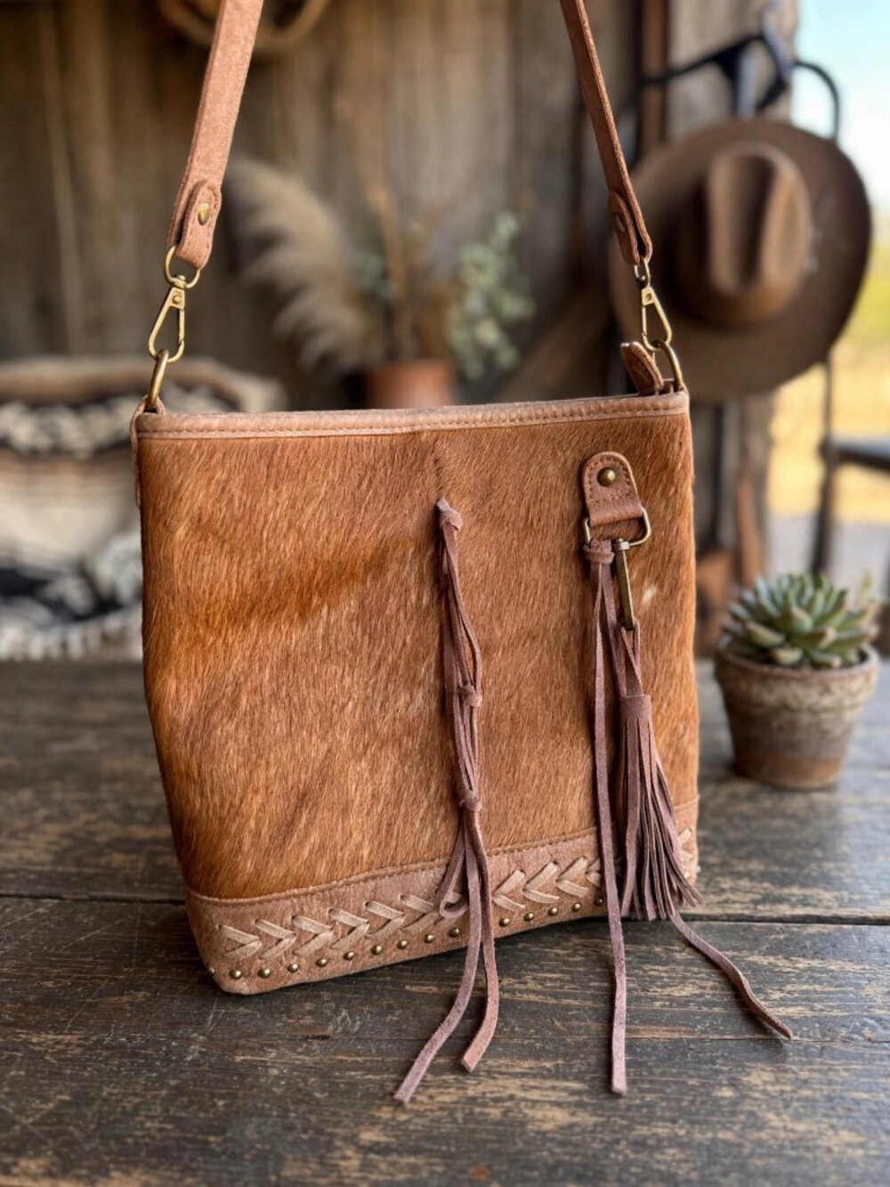 Genuine Cowhide Crossbody Purse Brown Tan Tassels Western Boho Bag